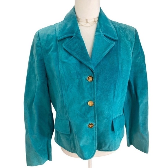 Burberry Turquoise Suede Jacket with Insignia Buttons VTG - Picture 6 of 10